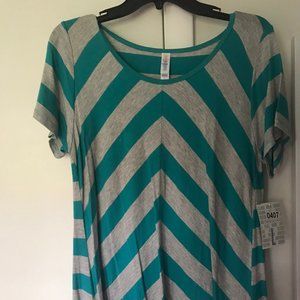 Lularoe L Christy T Teal/Grey Stripe NWT